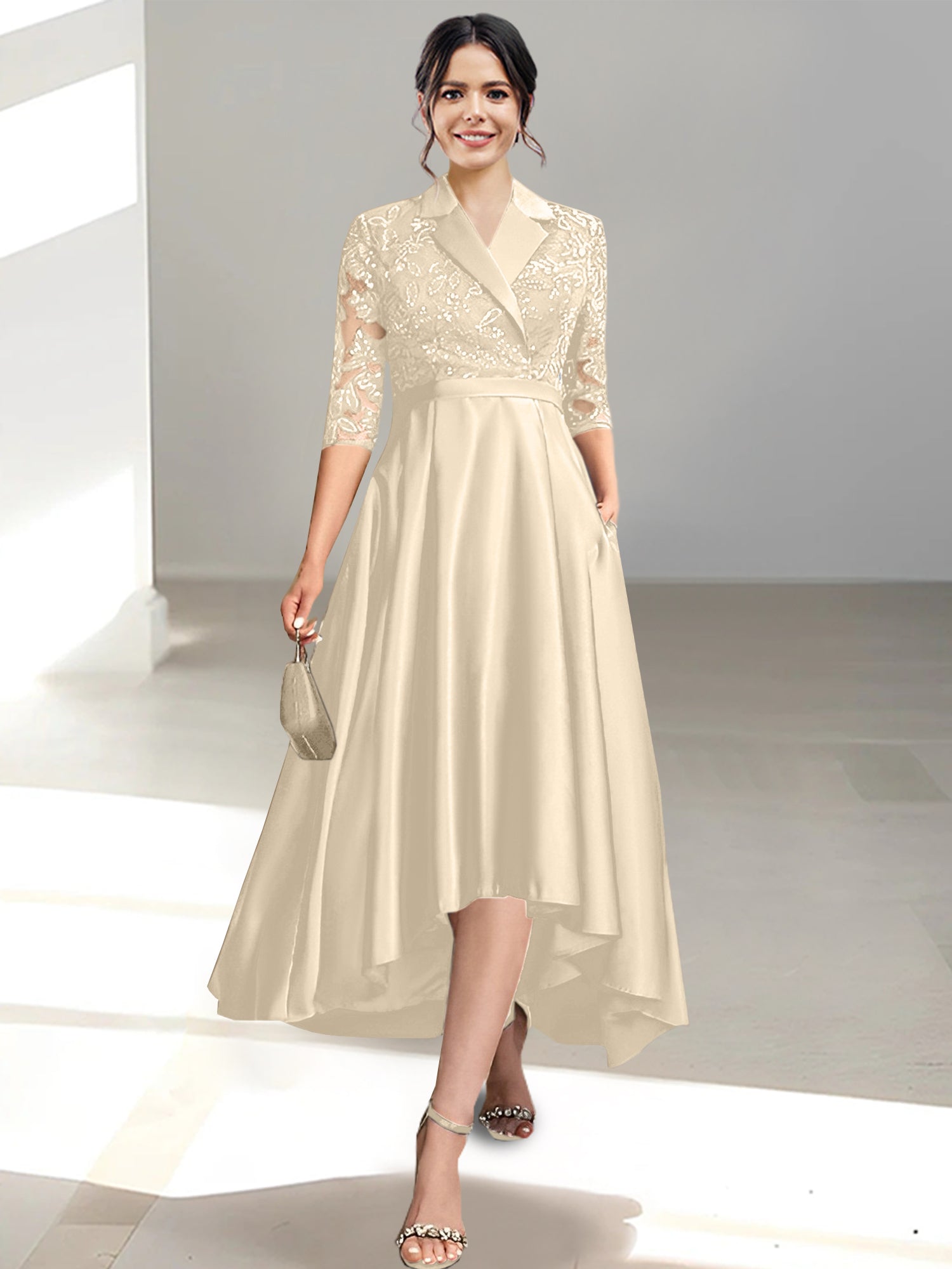 V Neck Tea Length Sheath Column Dresses for the Mother of the Bride