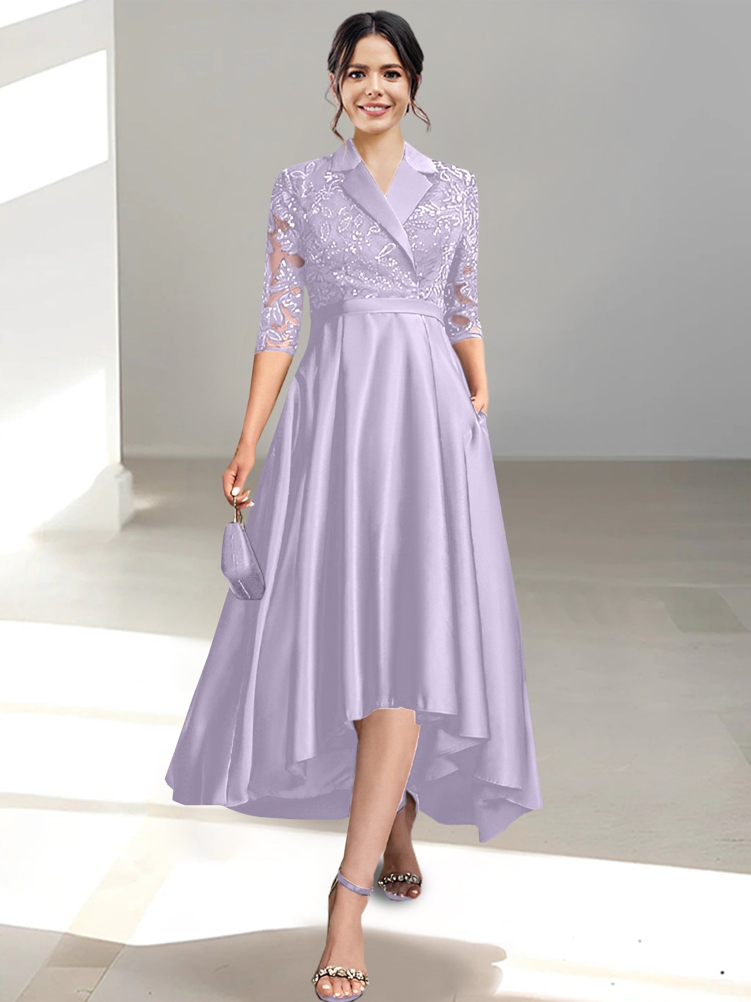 V Neck Tea Length Sheath Column Dresses for the Mother of the Bride