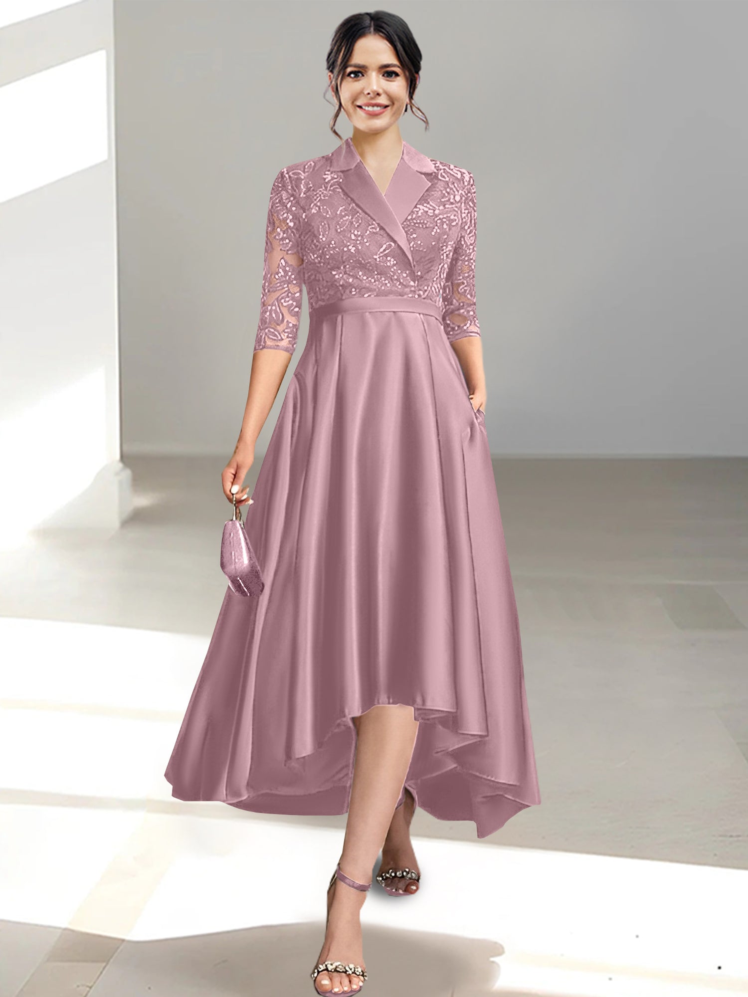 V Neck Tea Length Sheath Column Dresses for the Mother of the Bride