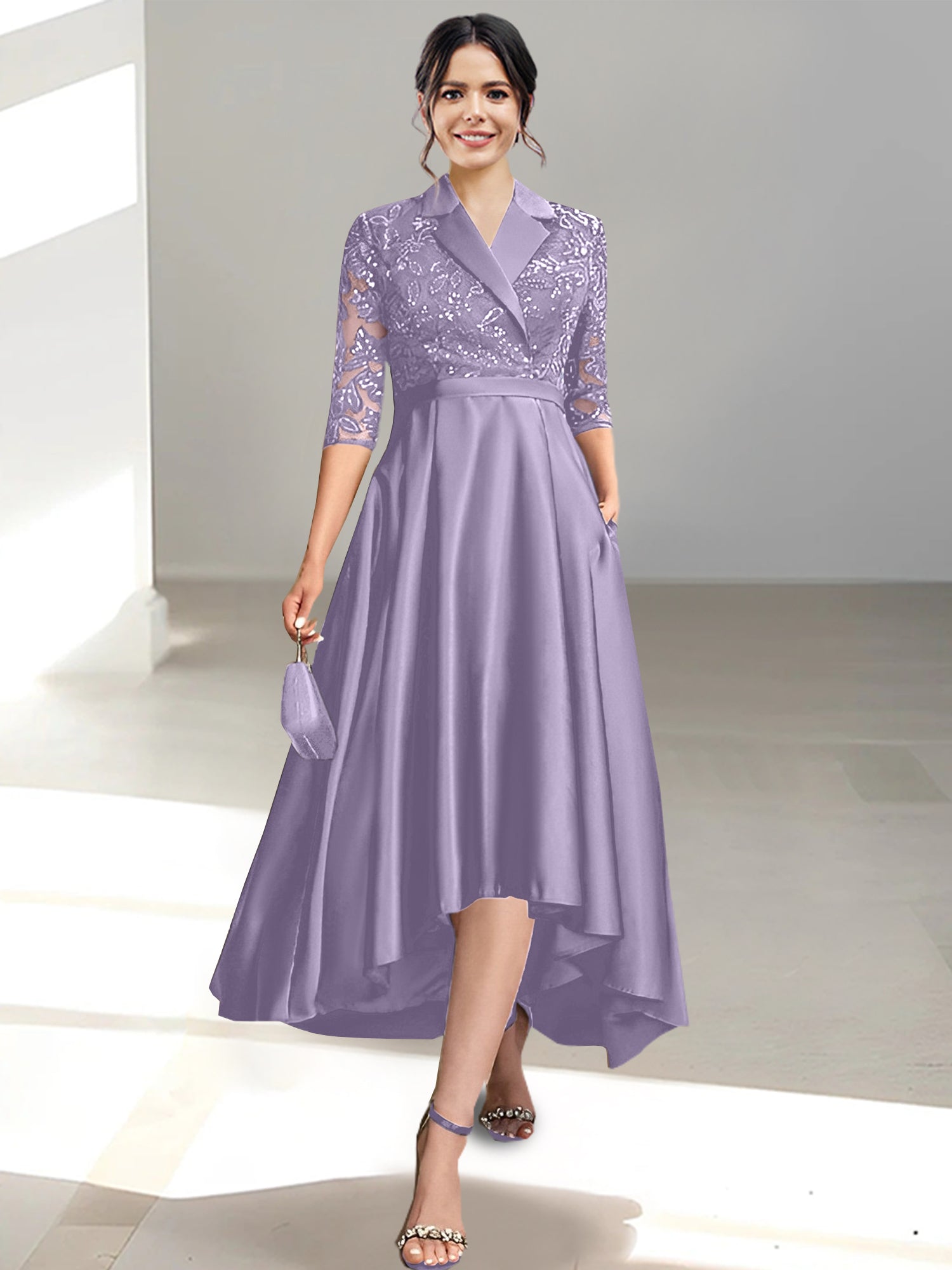 V Neck Tea Length Sheath Column Dresses for the Mother of the Bride