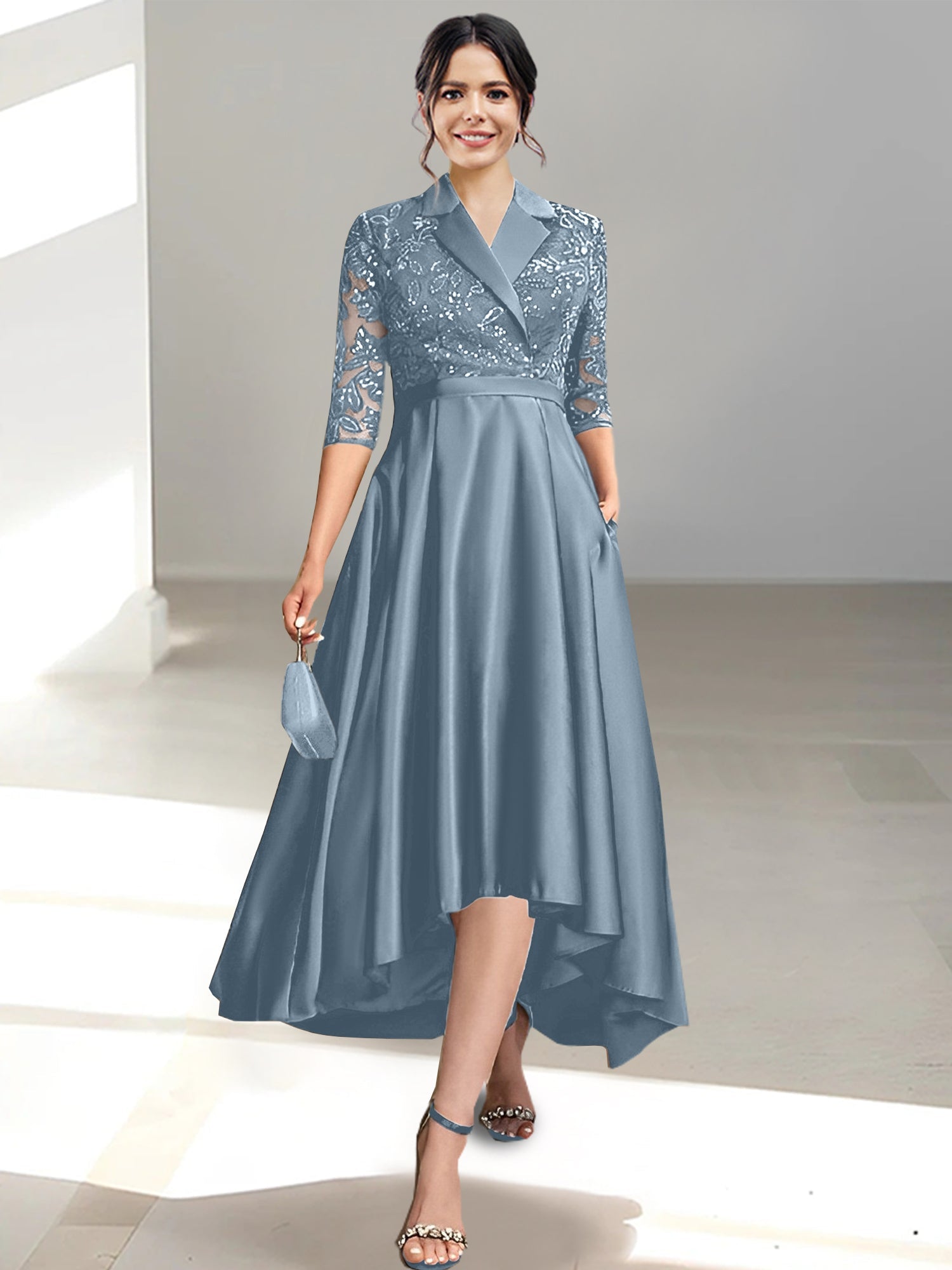 V Neck Tea Length Sheath Column Dresses for the Mother of the Bride