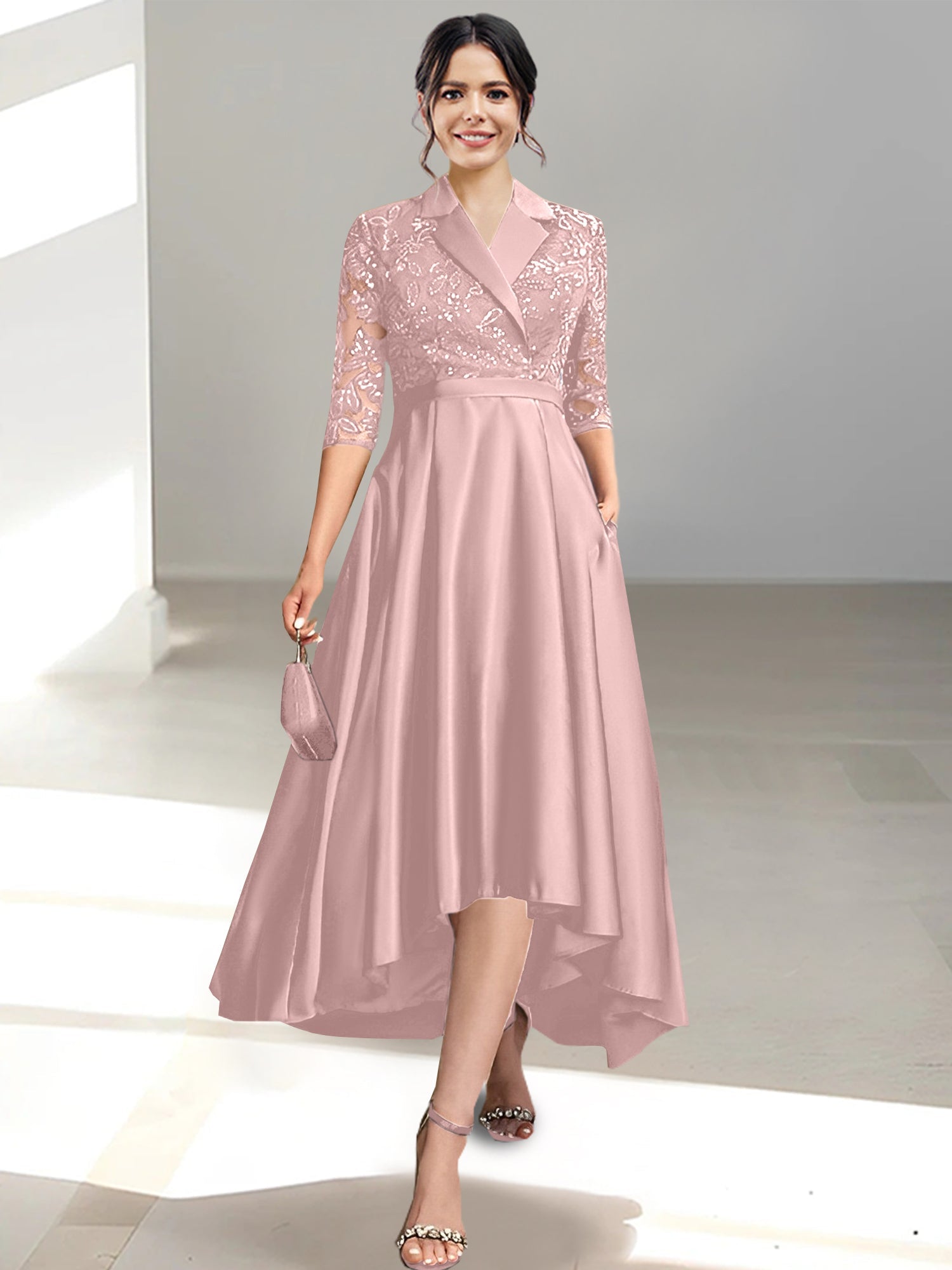 V Neck Tea Length Sheath Column Dresses for the Mother of the Bride
