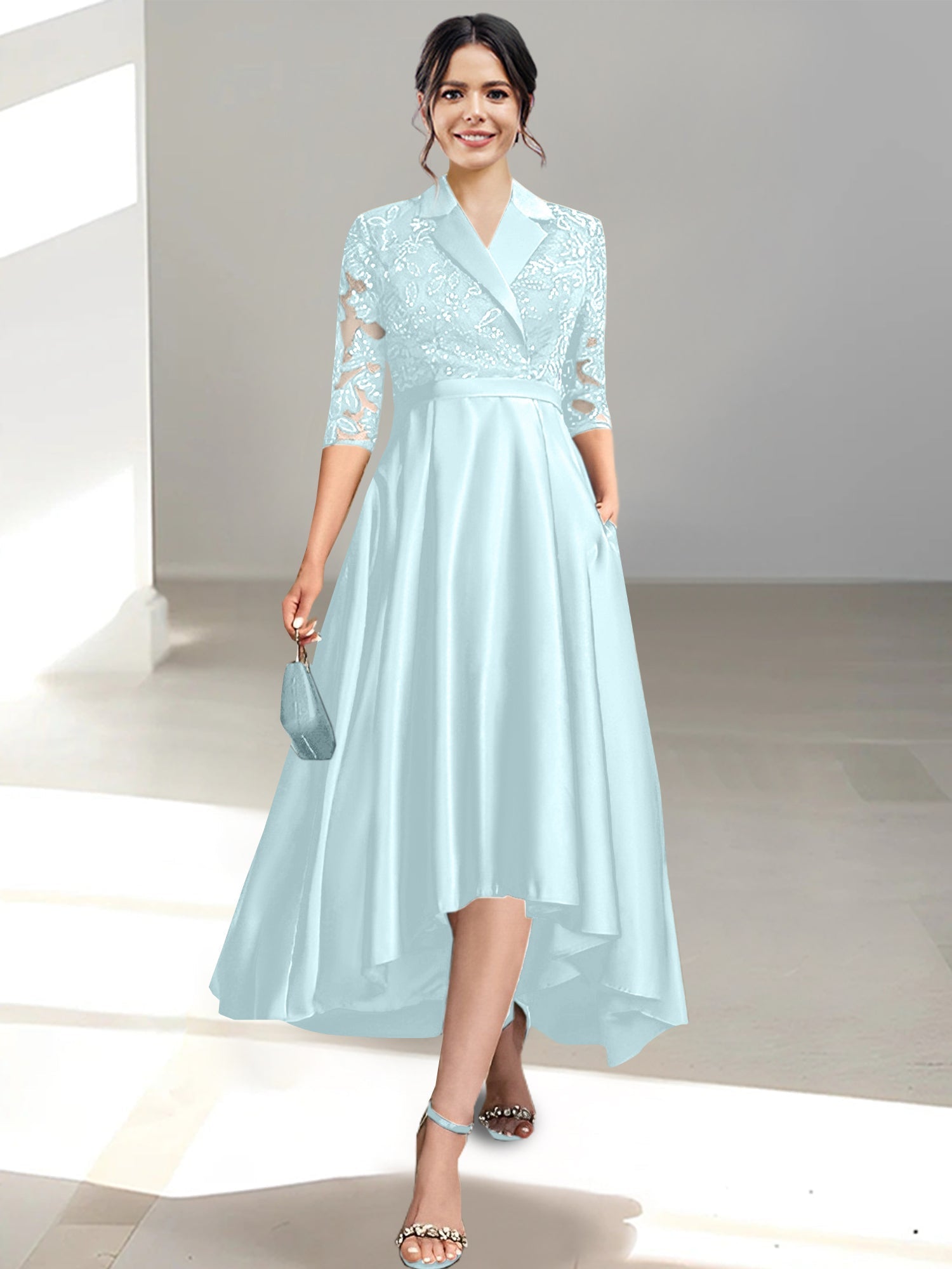 V Neck Tea Length Sheath Column Dresses for the Mother of the Bride