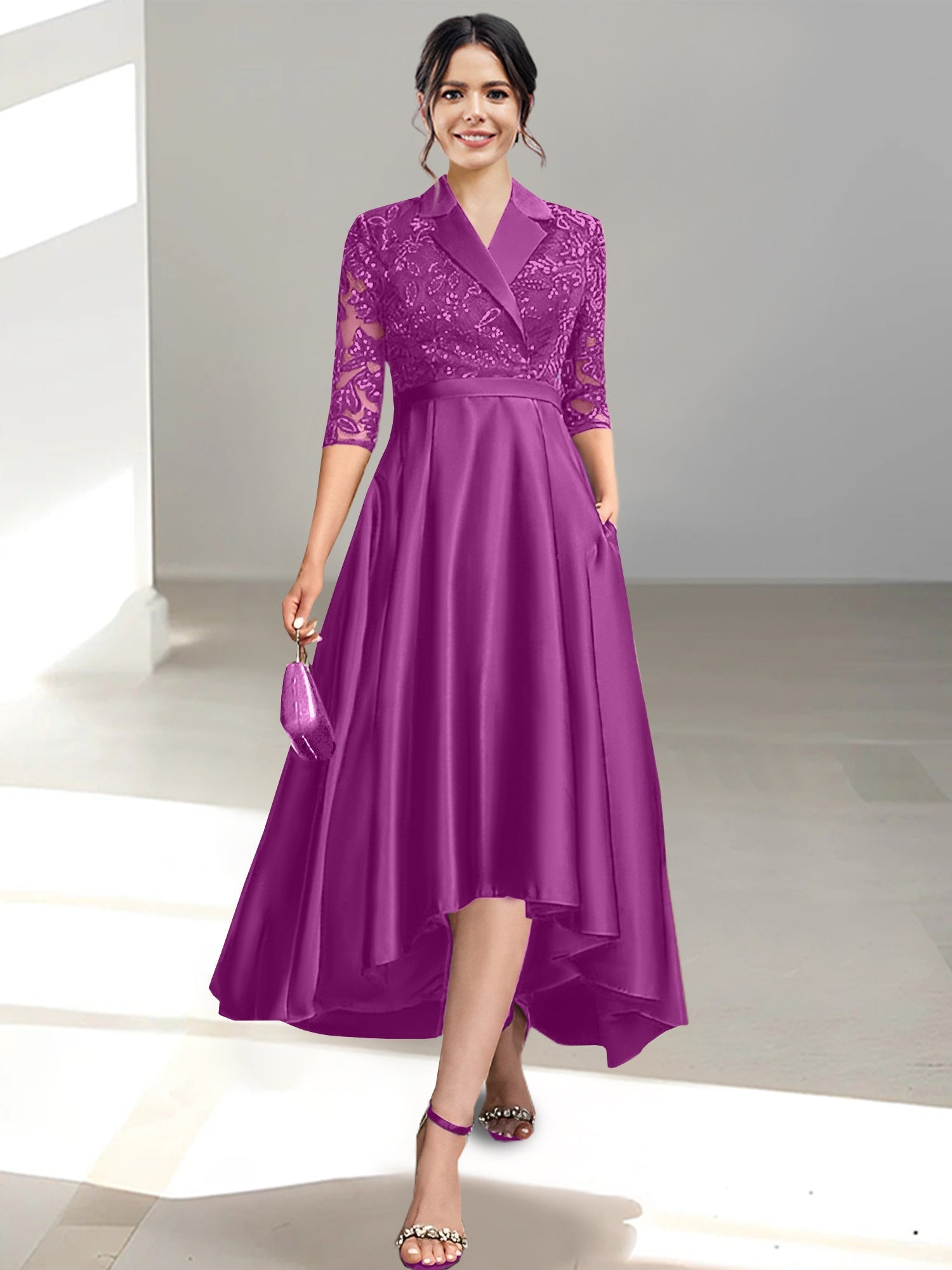 V Neck Tea Length Sheath Column Dresses for the Mother of the Bride