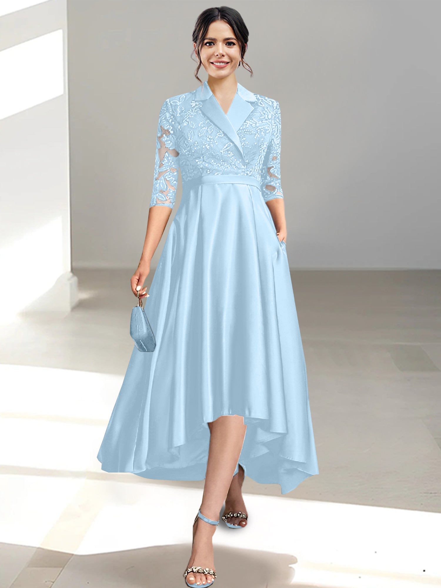 V Neck Tea Length Sheath Column Dresses for the Mother of the Bride