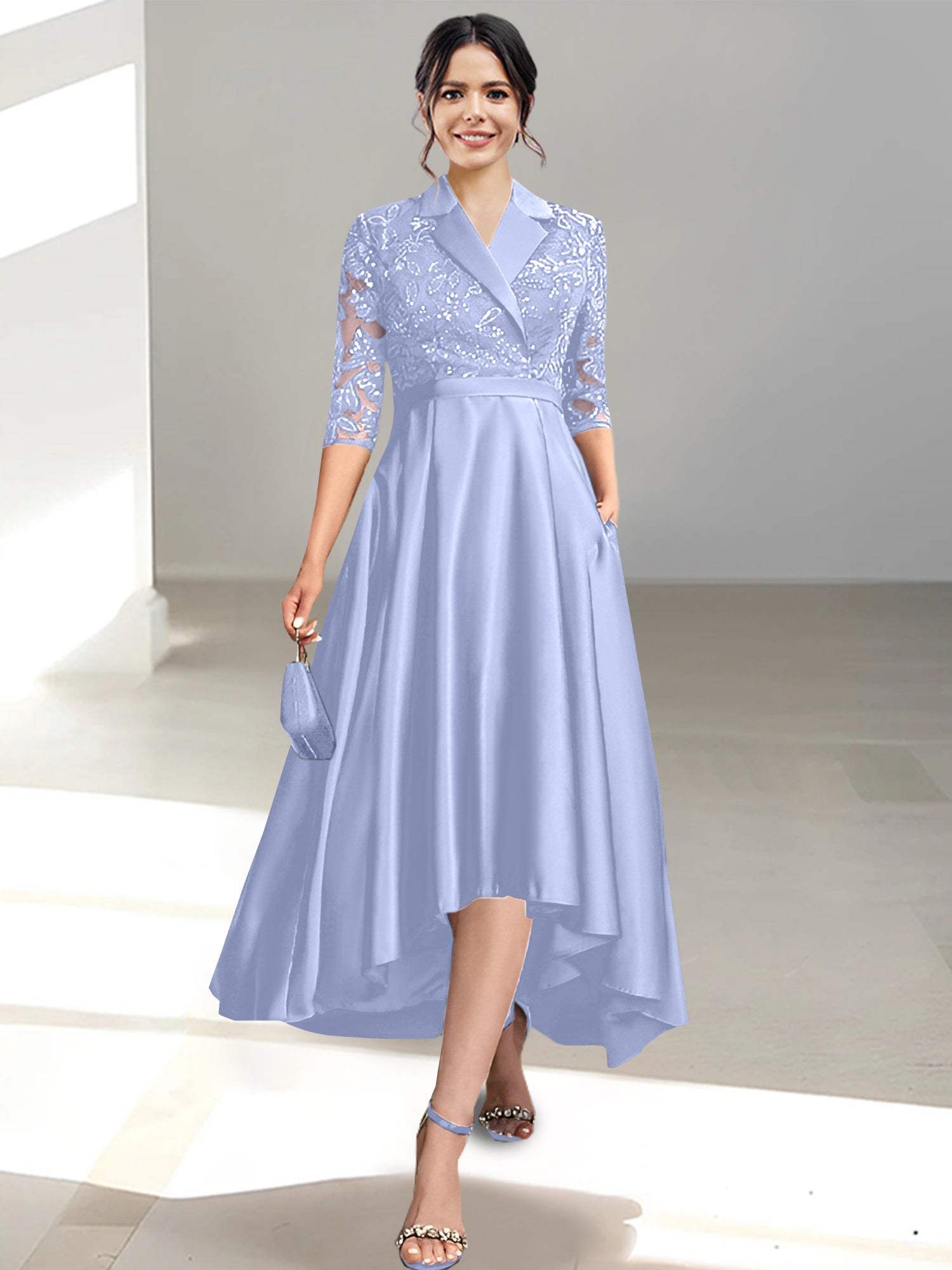 V Neck Tea Length Sheath Column Dresses for the Mother of the Bride