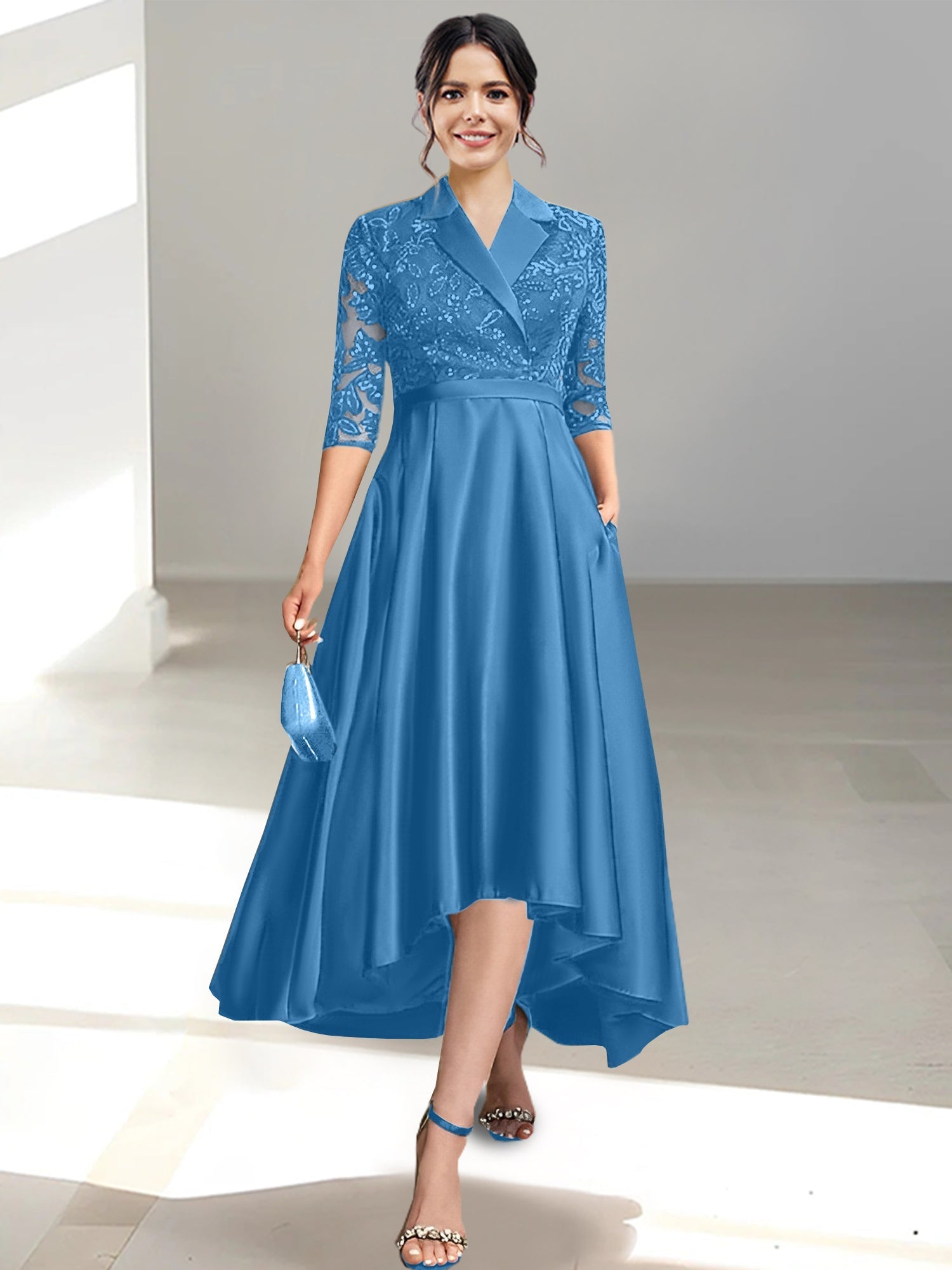 V Neck Tea Length Sheath Column Dresses for the Mother of the Bride