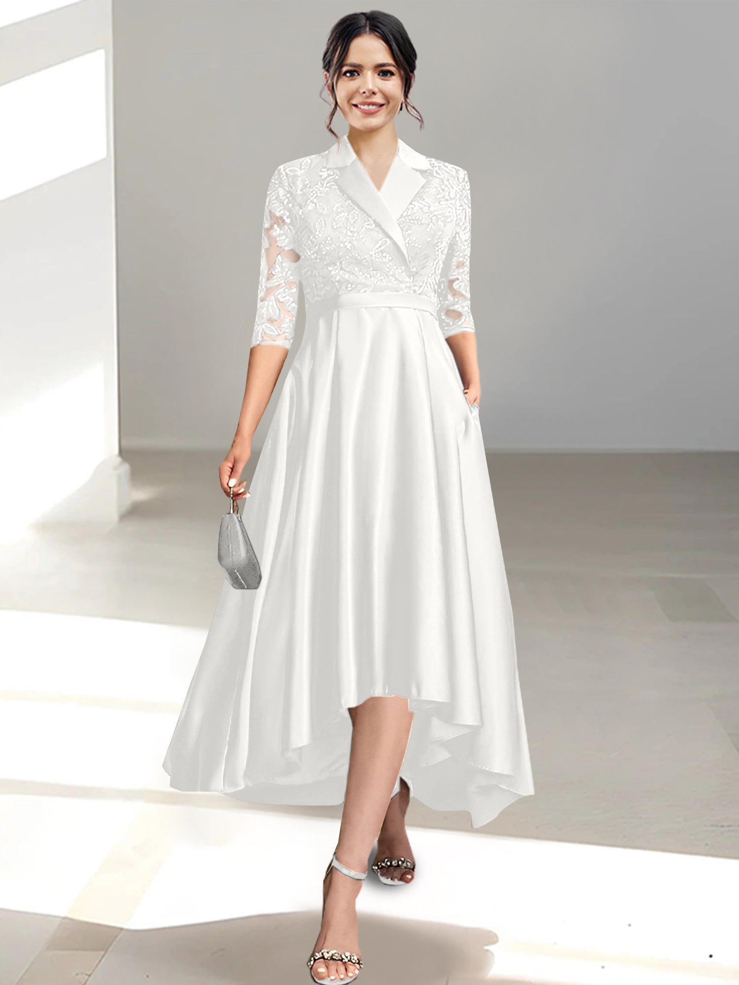 V Neck Tea Length Sheath Column Dresses for the Mother of the Bride
