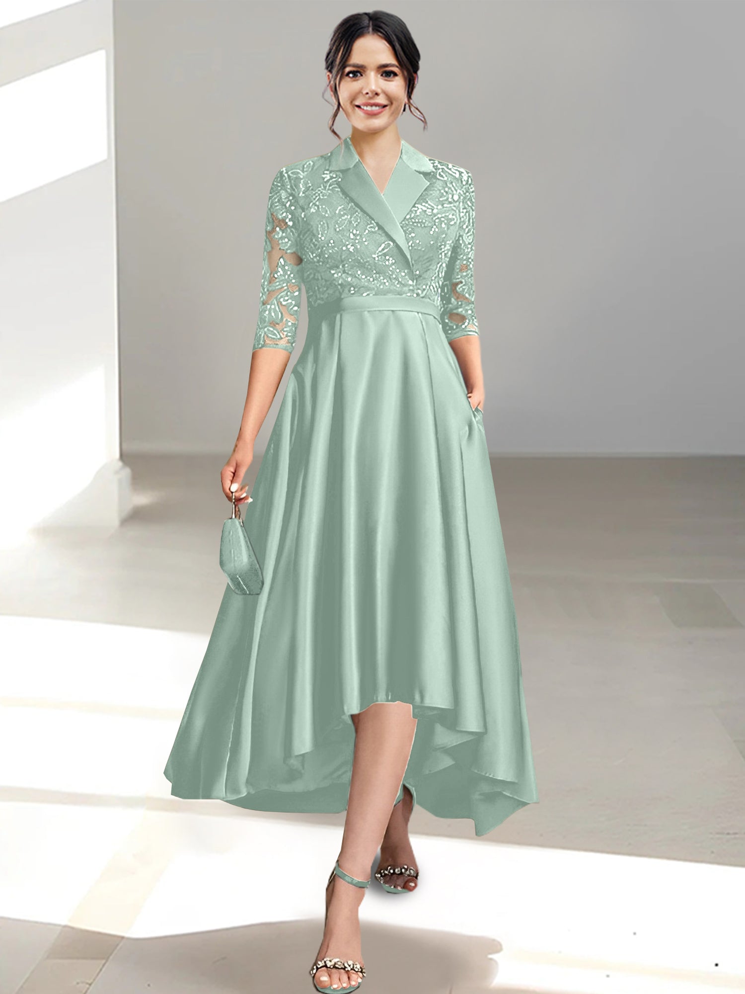V Neck Tea Length Sheath Column Dresses for the Mother of the Bride