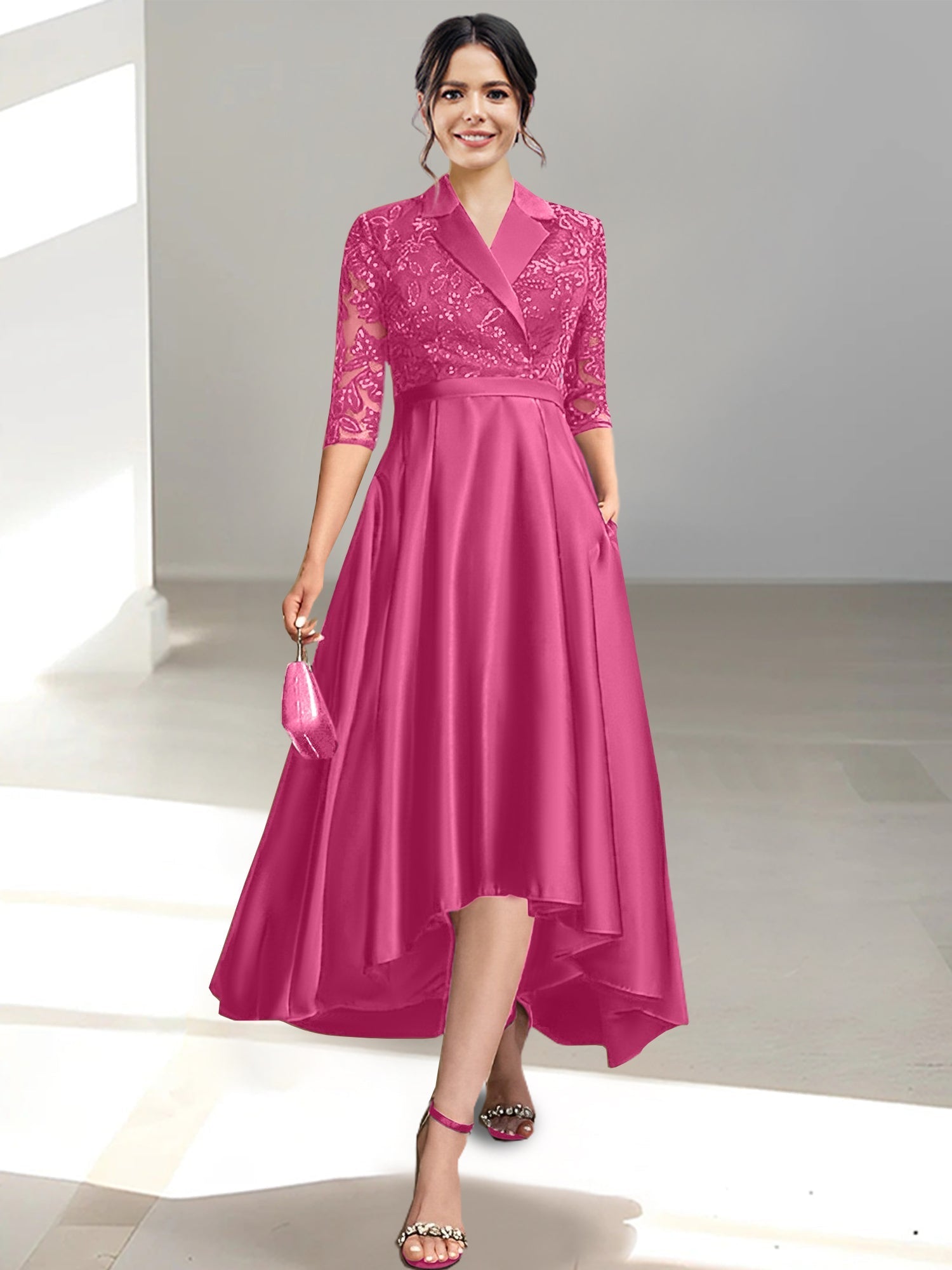 V Neck Tea Length Sheath Column Dresses for the Mother of the Bride