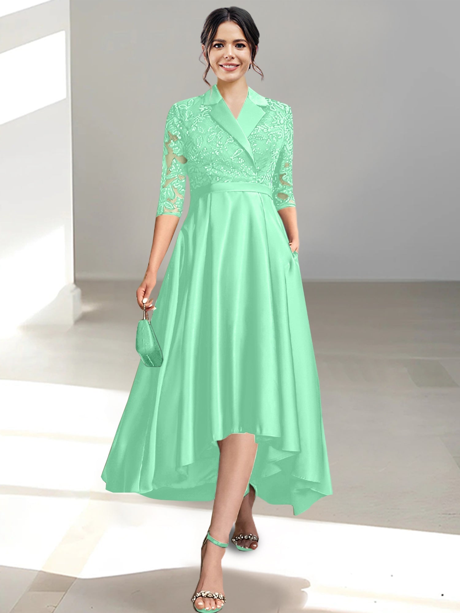 V Neck Tea Length Sheath Column Dresses for the Mother of the Bride