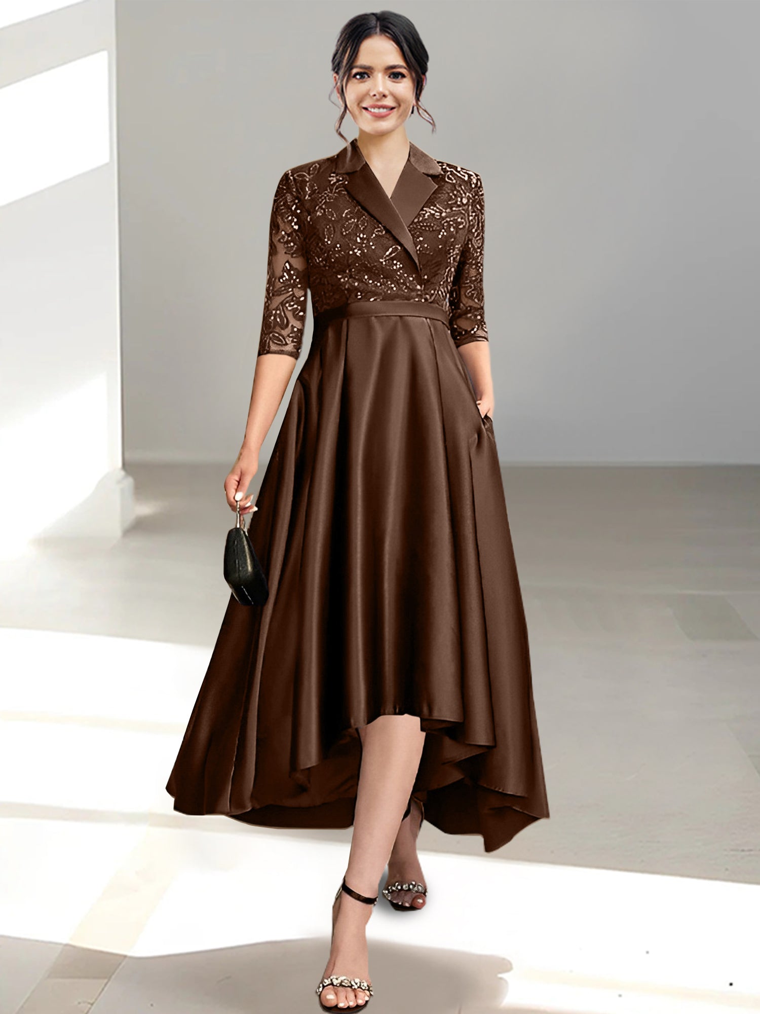 V Neck Tea Length Sheath Column Dresses for the Mother of the Bride