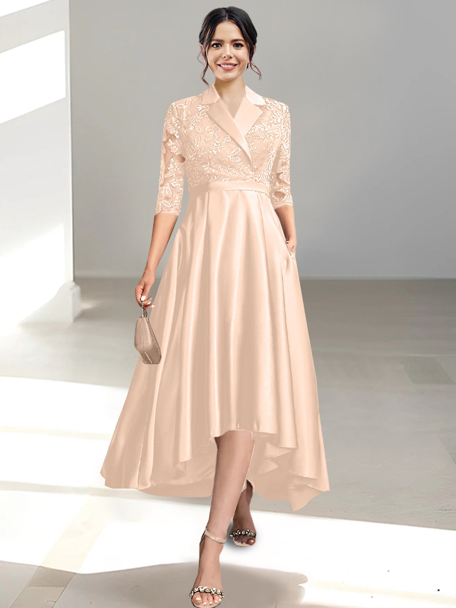 V Neck Tea Length Sheath Column Dresses for the Mother of the Bride