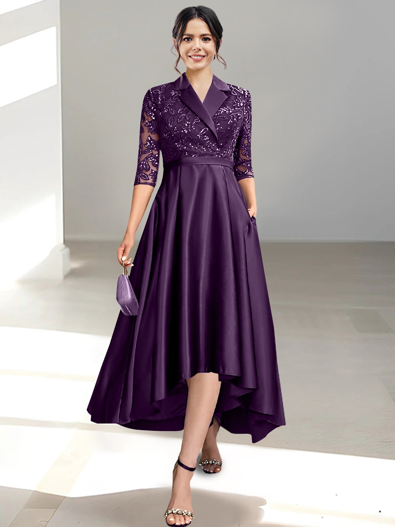 V Neck Tea Length Sheath Column Dresses for the Mother of the Bride