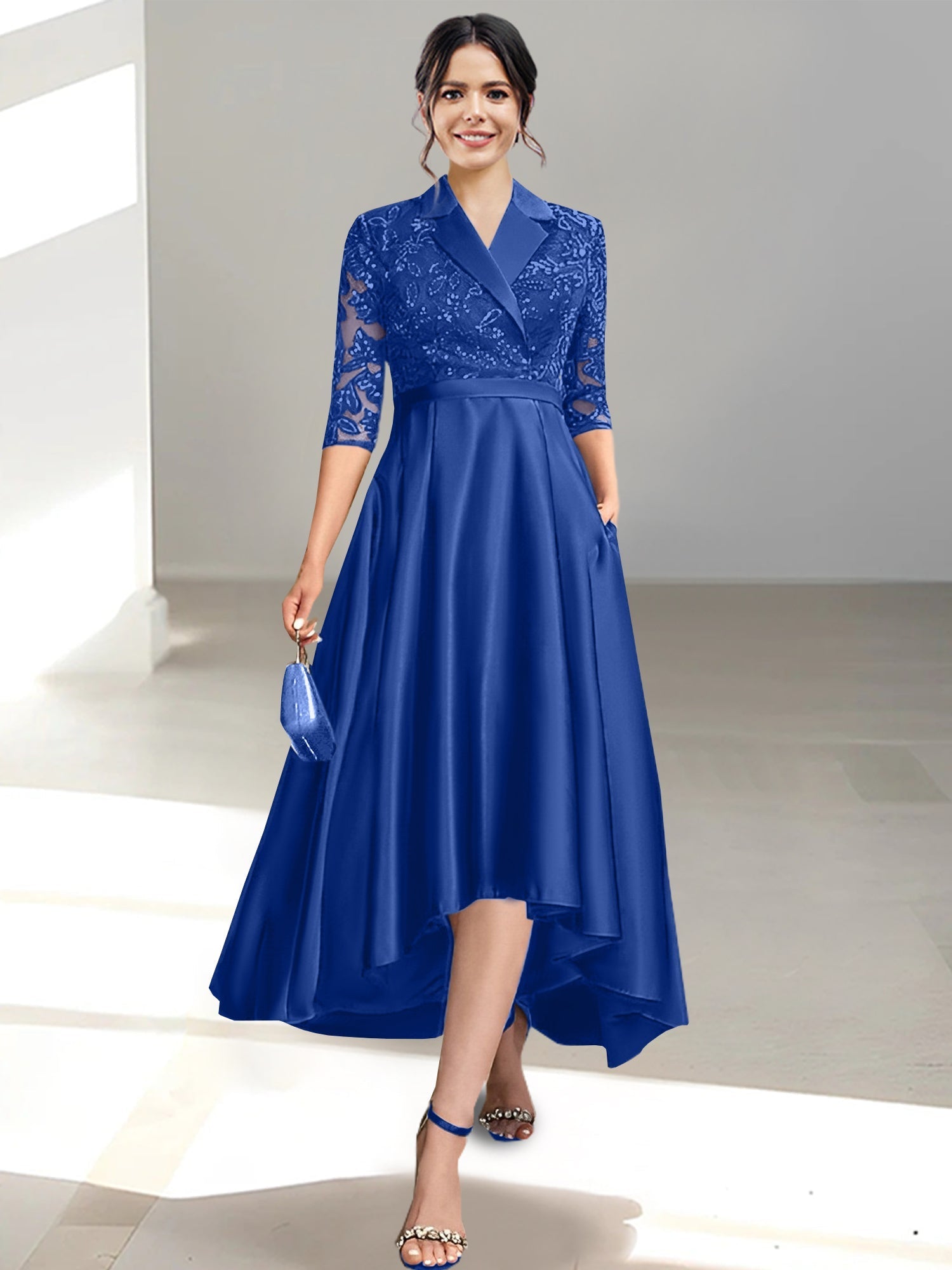 V Neck Tea Length Sheath Column Dresses for the Mother of the Bride