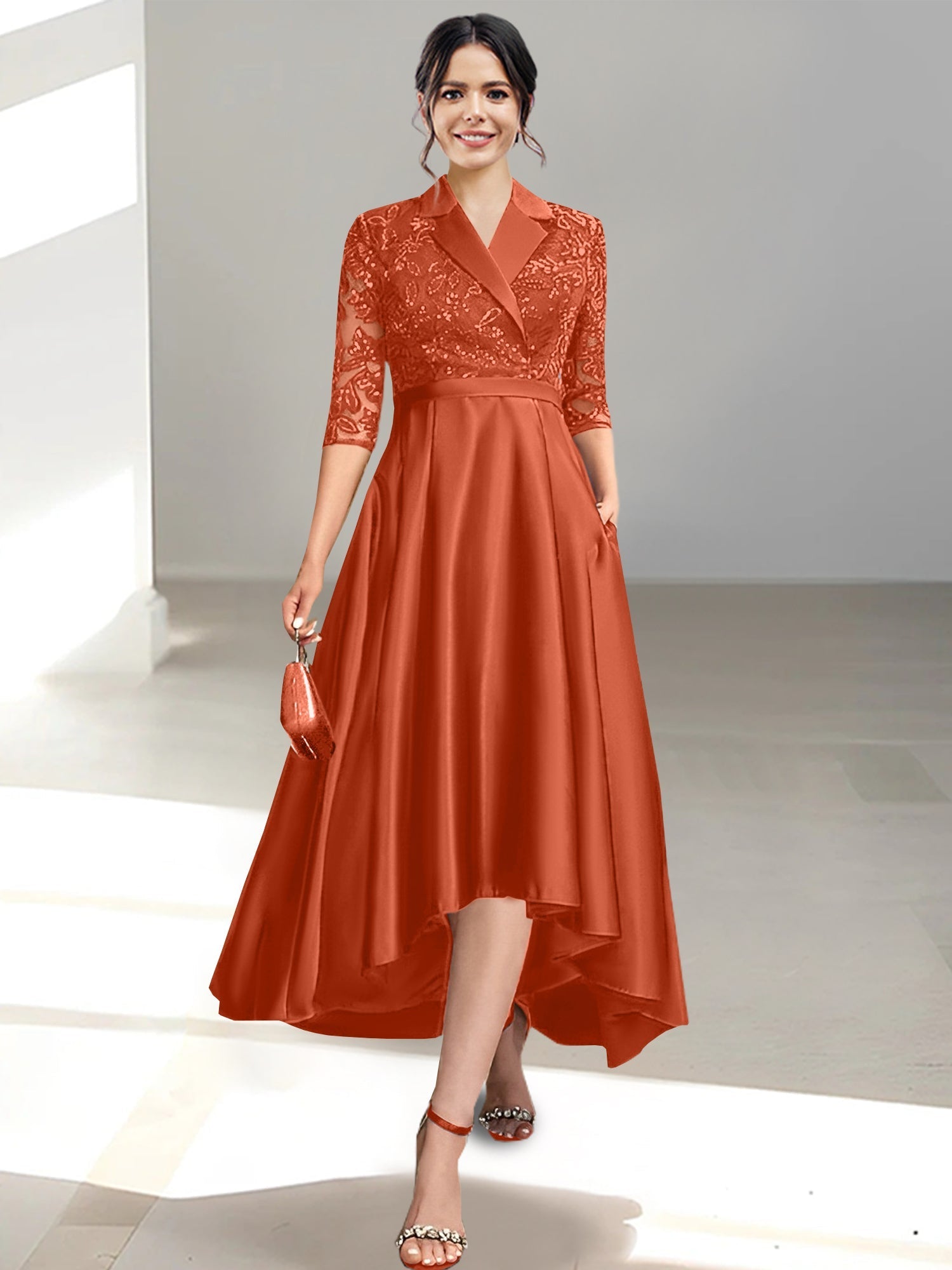 V Neck Tea Length Sheath Column Dresses for the Mother of the Bride