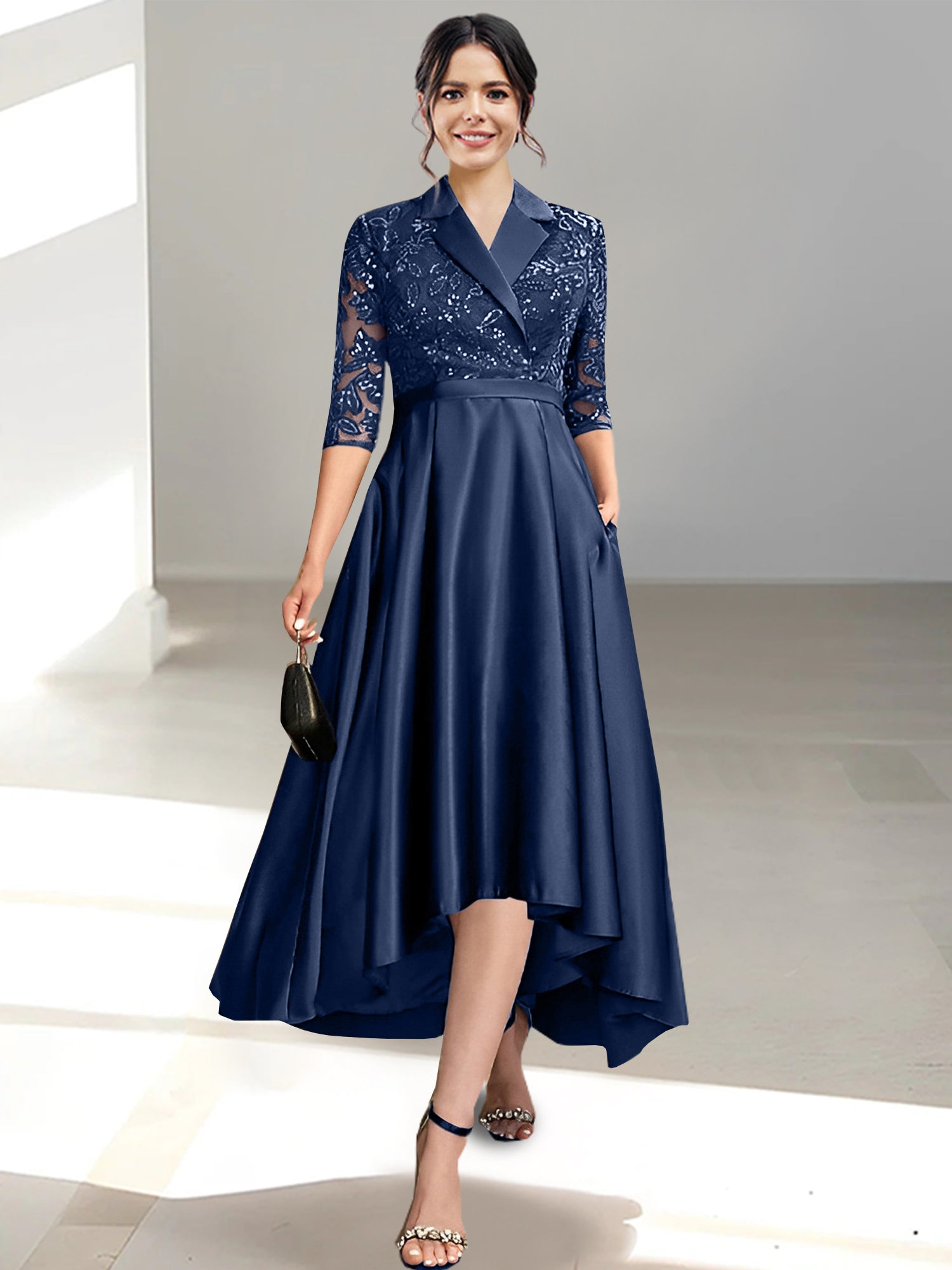 V Neck Tea Length Sheath Column Dresses for the Mother of the Bride