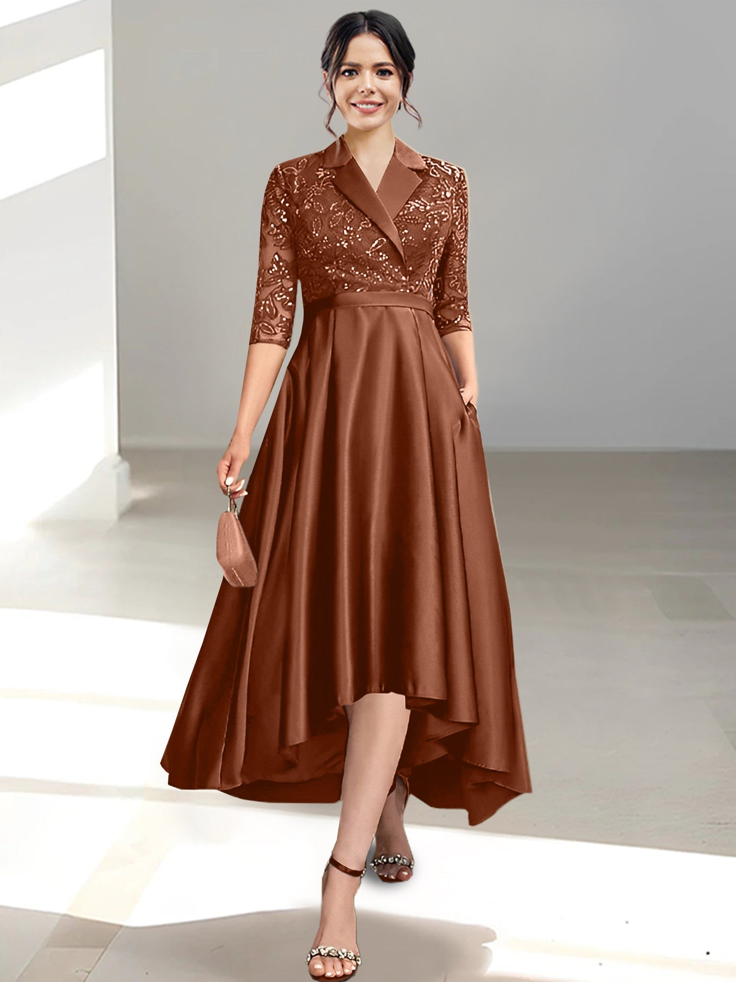 V Neck Tea Length Sheath Column Dresses for the Mother of the Bride