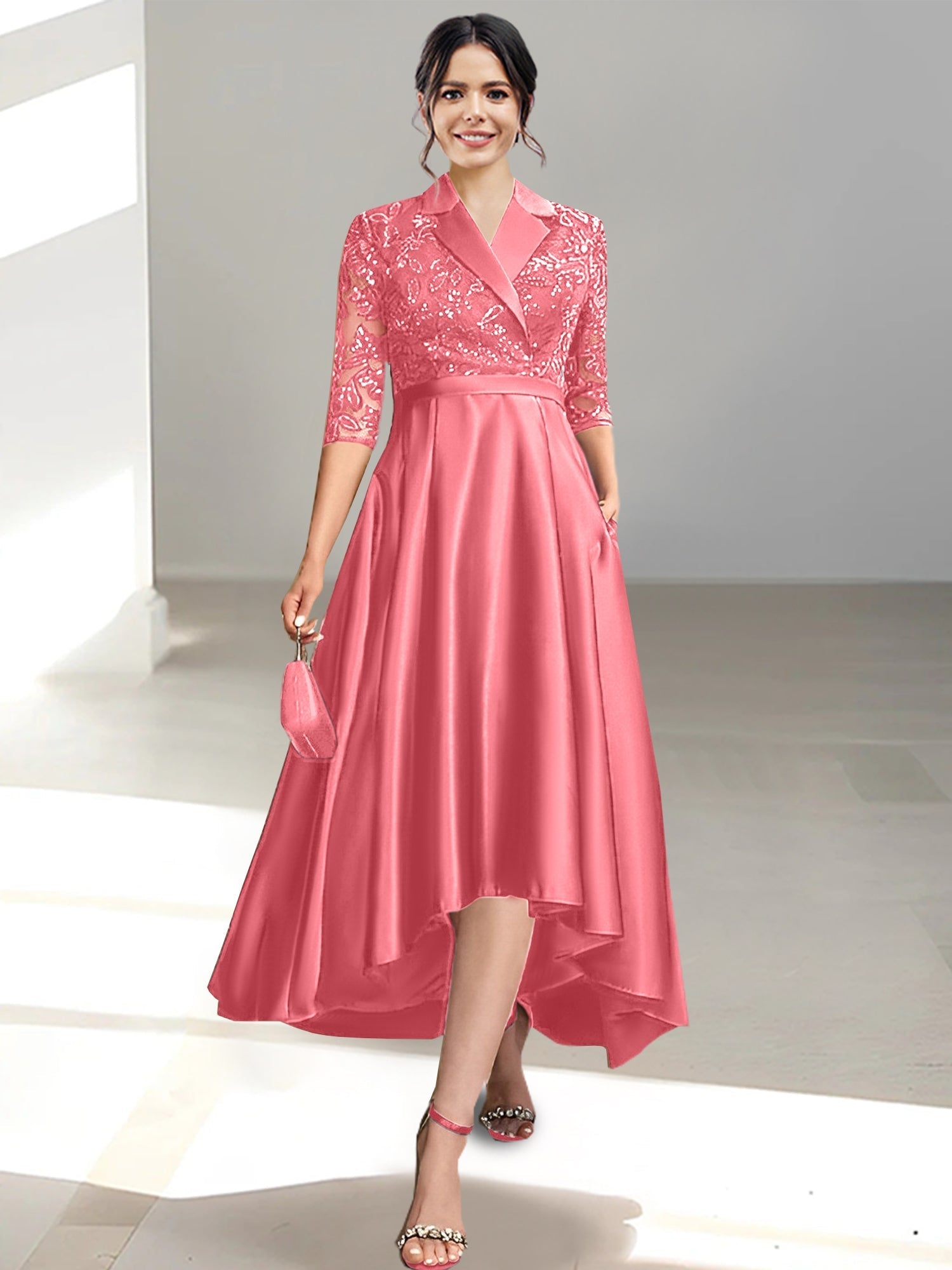 V Neck Tea Length Sheath Column Dresses for the Mother of the Bride