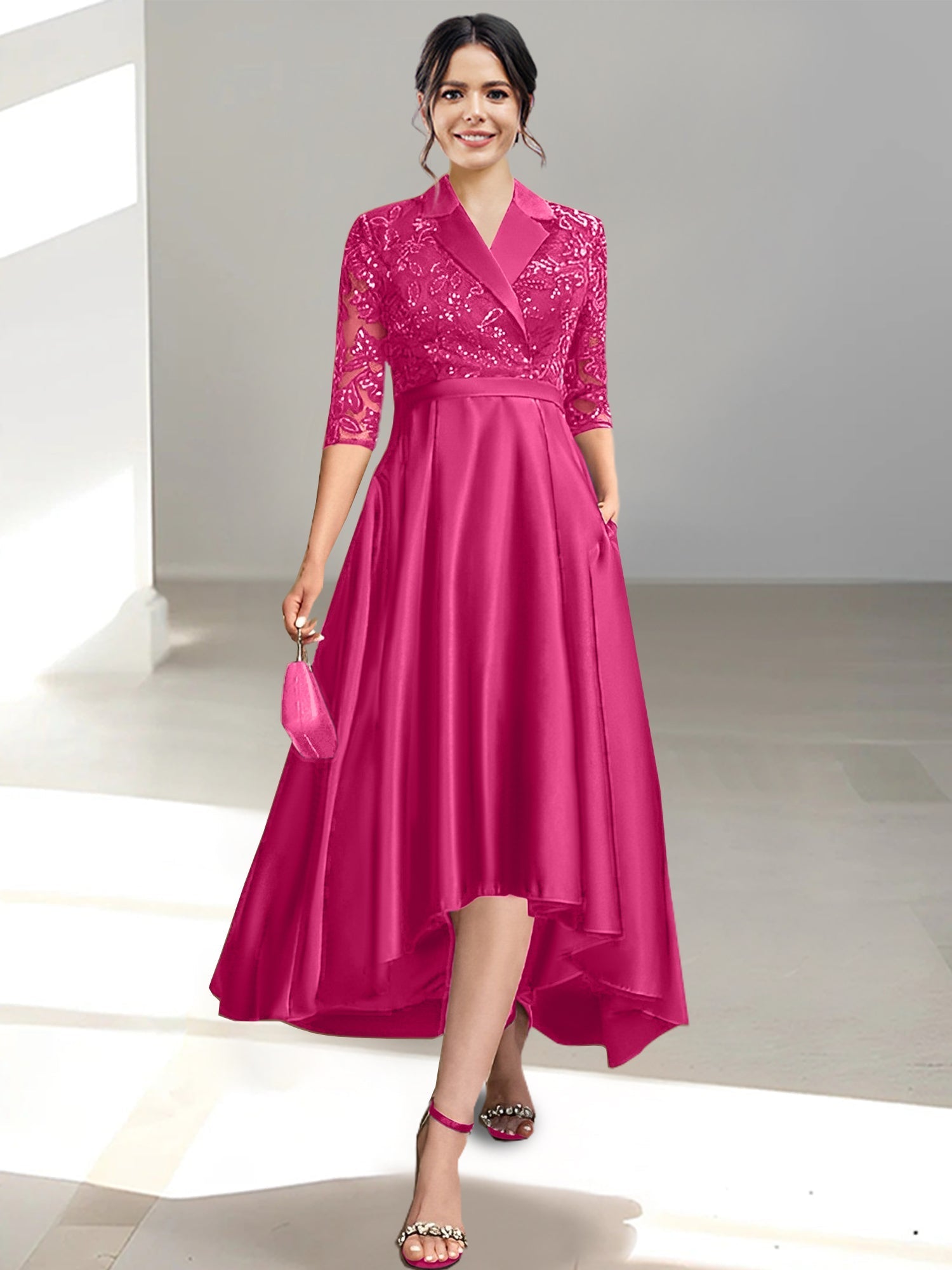V Neck Tea Length Sheath Column Dresses for the Mother of the Bride