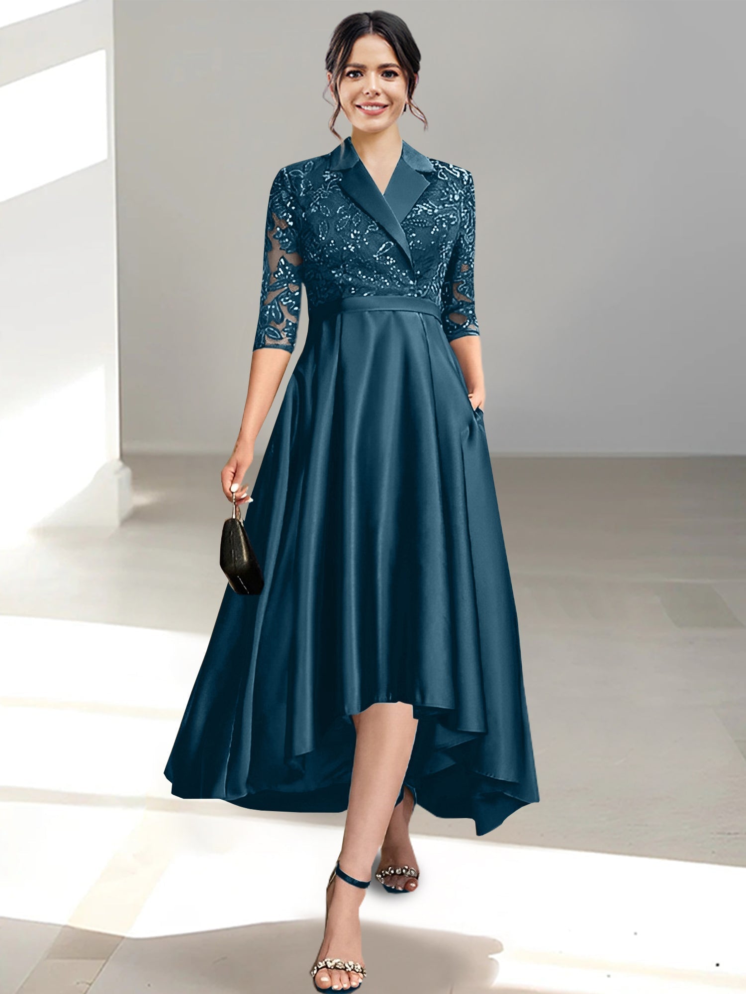 V Neck Tea Length Sheath Column Dresses for the Mother of the Bride