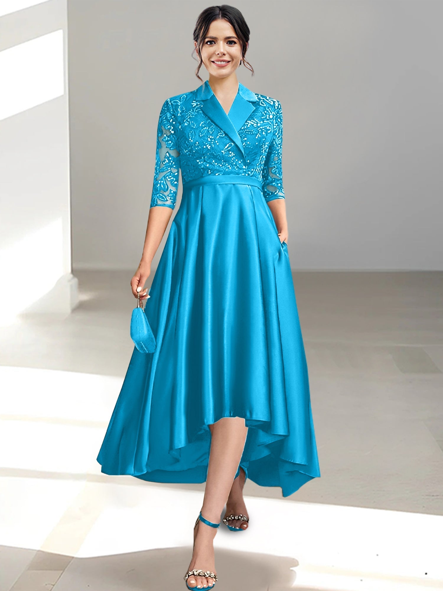 V Neck Tea Length Sheath Column Dresses for the Mother of the Bride