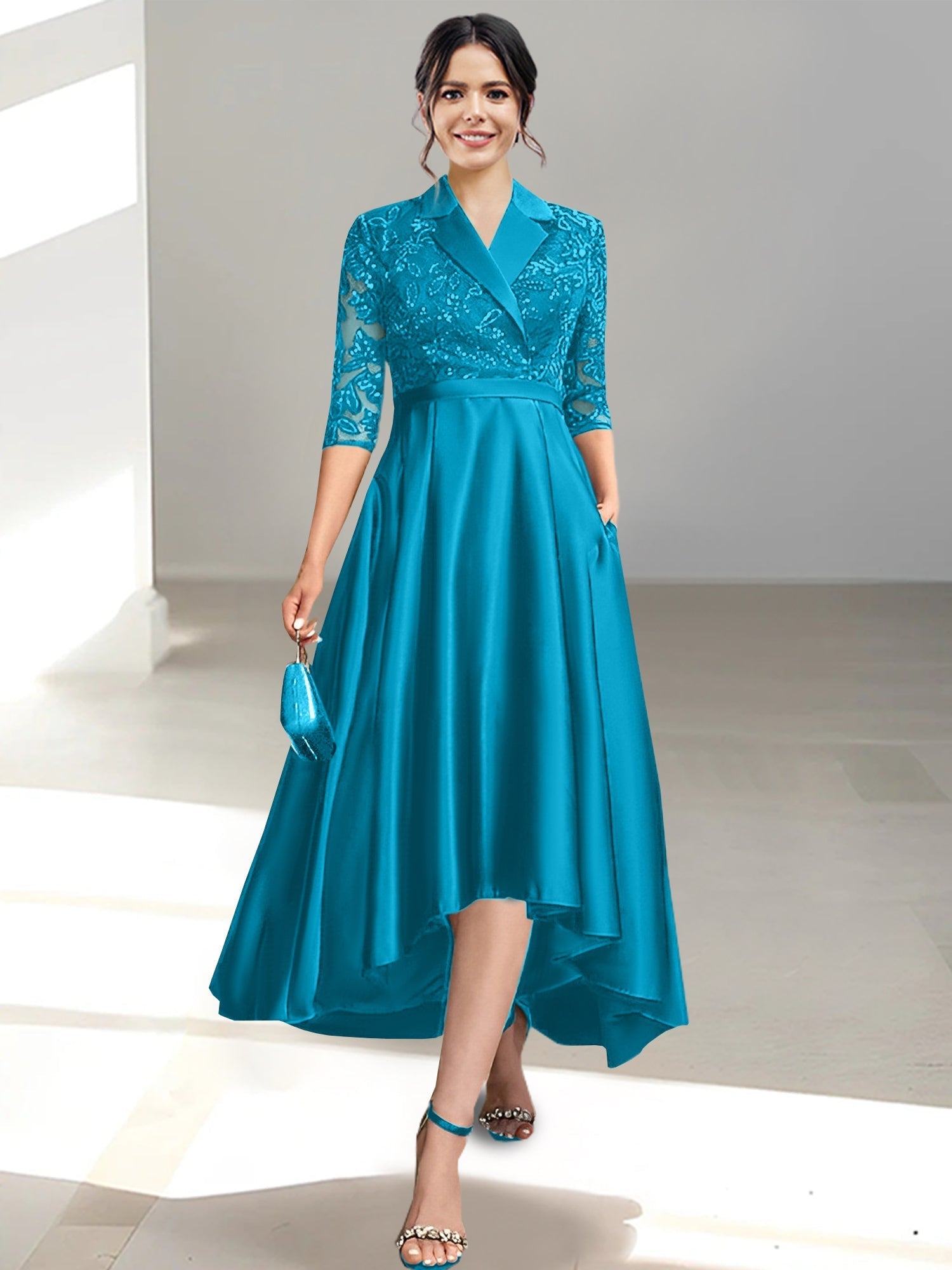 V Neck Tea Length Sheath Column Dresses for the Mother of the Bride