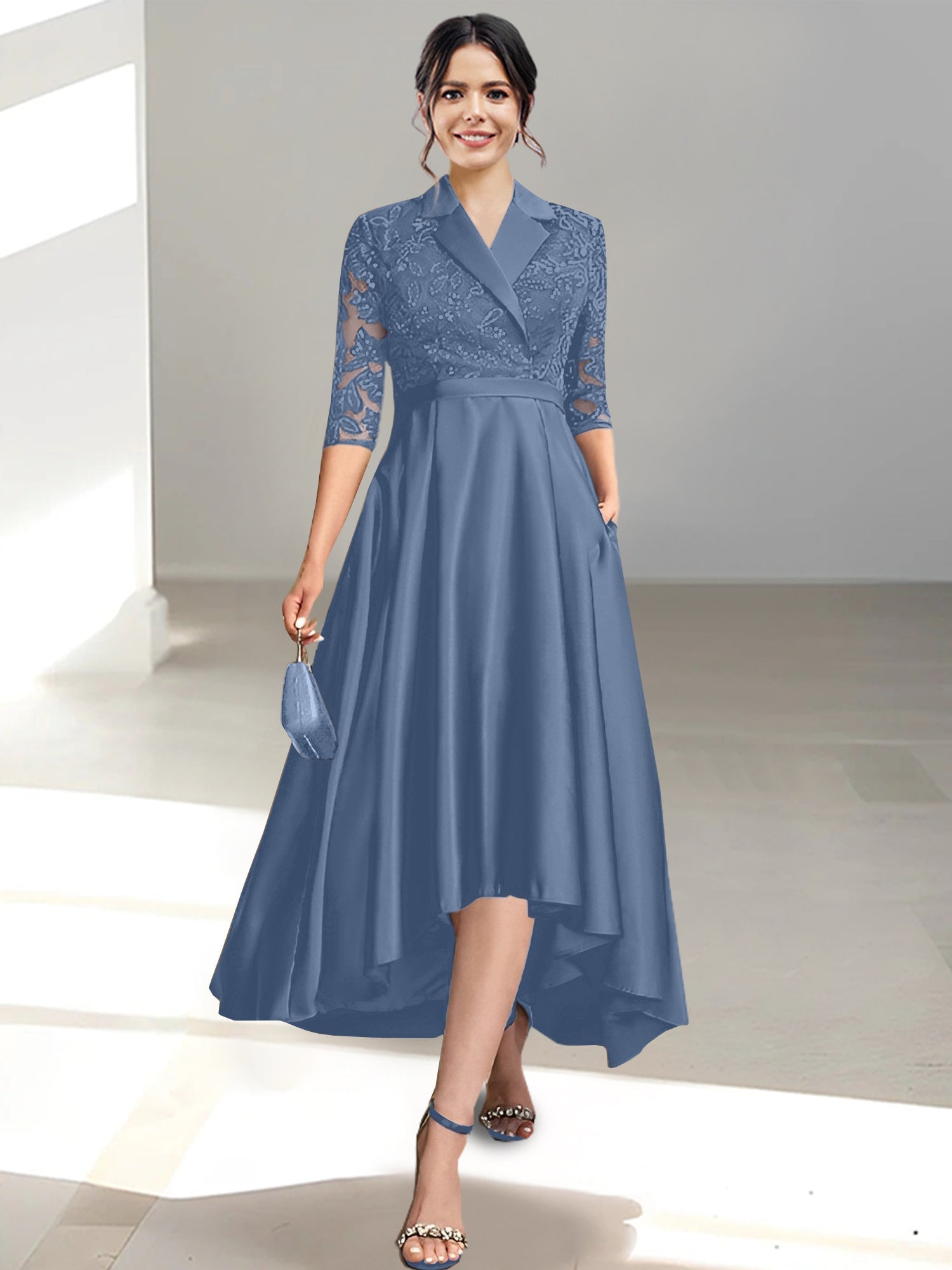 V Neck Tea Length Sheath Column Dresses for the Mother of the Bride