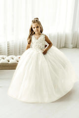 V Neck Tulle Flower Girl Dress with Lace Appliques