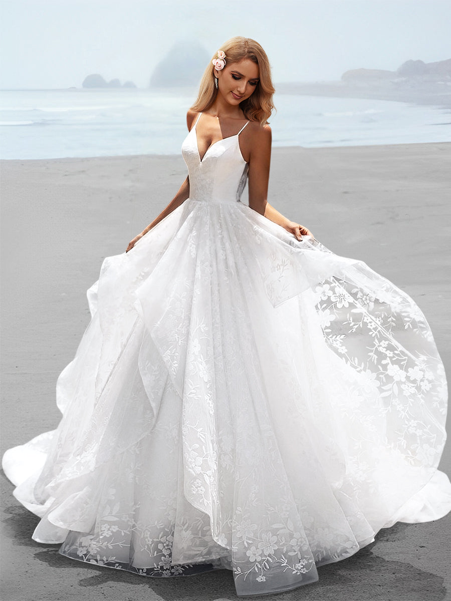 A-Line/Princess Spaghetti Straps Lace Wedding Dress with Applique