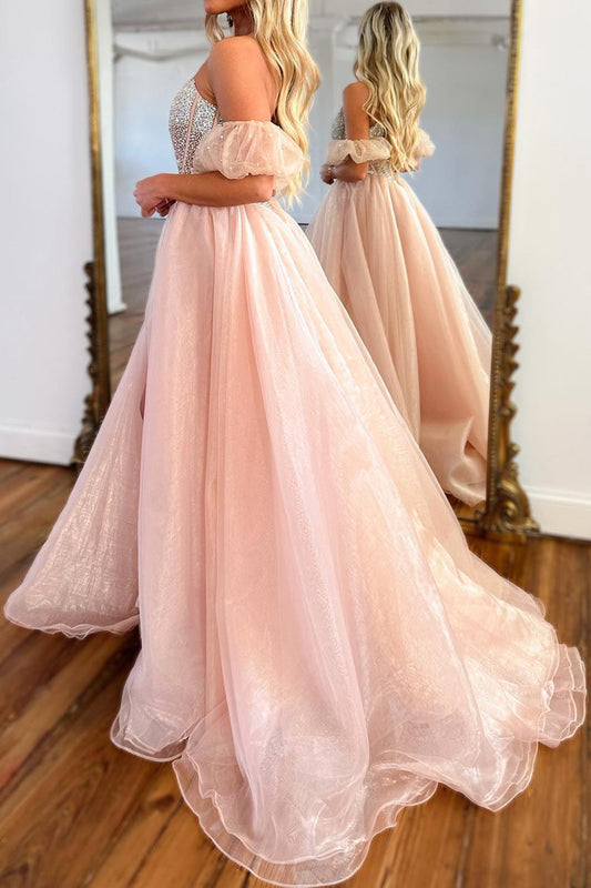 A-Line Strapless Blush Corset Prom Dress with Beading