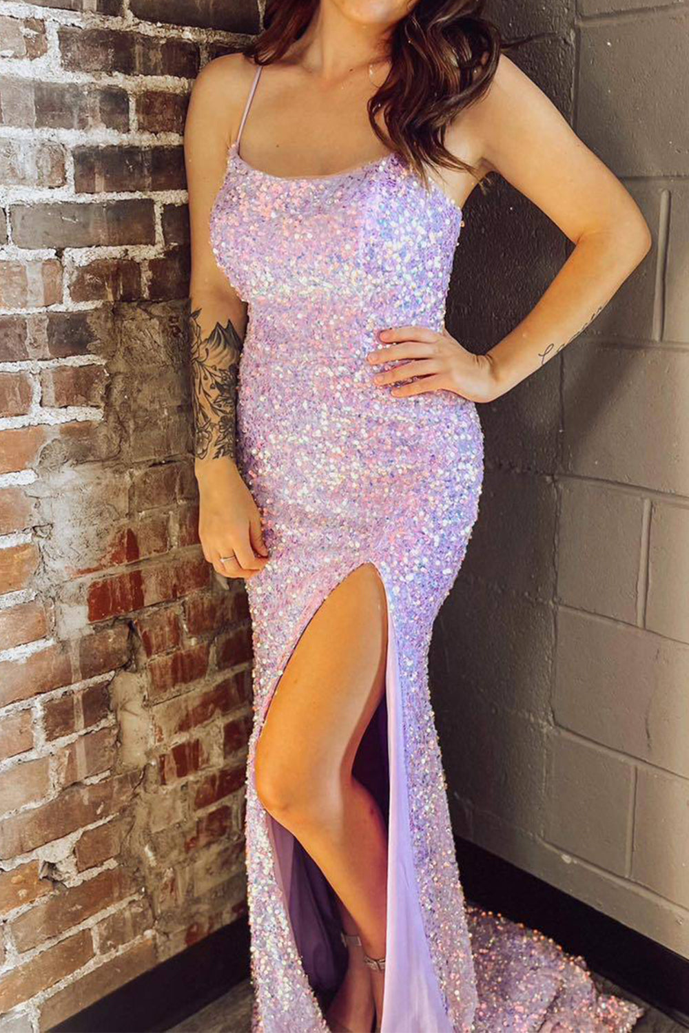 Mermaid Sparkly Lilac Sequins Long Prom Dress with Split Front