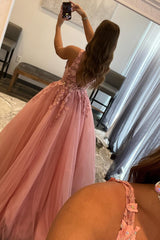 Princess A-Line Deep V-Neck Blush Long Prom Dress with Appliques