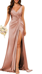 A Line/Princess V Neck Sleeveless Floor-Length Bridesmaid Dresses with Split