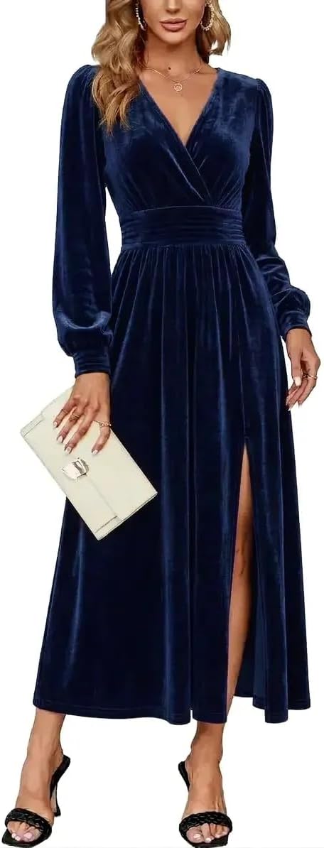 Velvet V-Neck Evening Dress with Bishop Sleeves and Side Slit