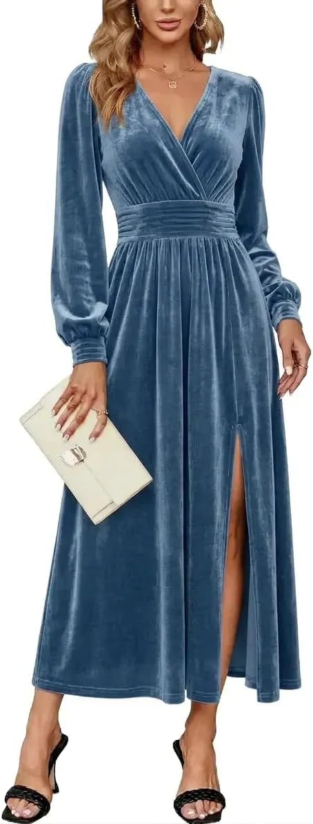 Velvet V-Neck Evening Dress with Bishop Sleeves and Side Slit