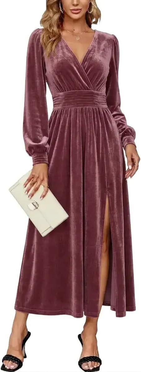 Velvet V-Neck Evening Dress with Bishop Sleeves and Side Slit