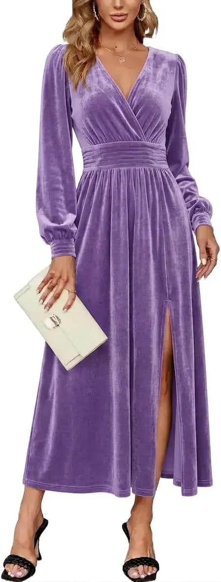Velvet V-Neck Evening Dress with Bishop Sleeves and Side Slit