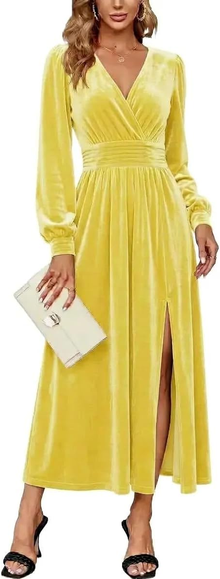 Velvet V-Neck Evening Dress with Bishop Sleeves and Side Slit