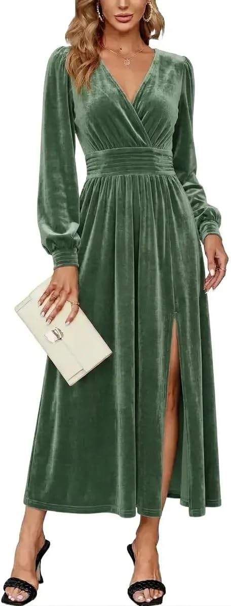 Velvet V-Neck Evening Dress with Bishop Sleeves and Side Slit