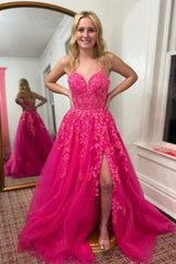Vintage A Line Tulle Spaghetti Straps Sleeveless Formal Dress With Appliques Slit