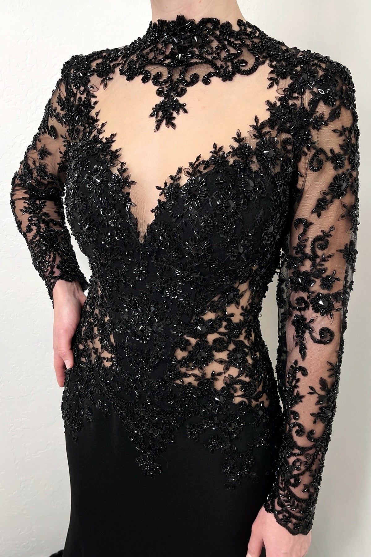 Vintage Black Prom Dress Mermaid Lace High Neck Sleeves Beaded Cathedral Train Satin Formal Dress