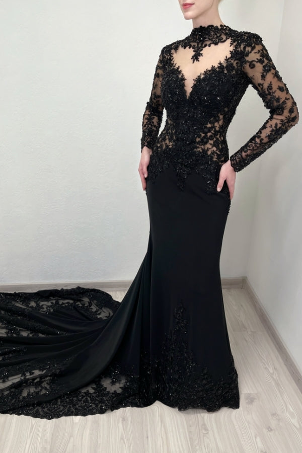 Vintage Black Prom Dress Mermaid Lace High Neck Sleeves Beaded Cathedral Train Satin Formal Dress
