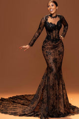 Vintage Brown Mermaid Crew Black Prom Dress Lace Beaded Sleeve Court Train Formal Dress