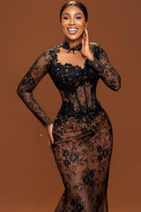 Vintage Brown Mermaid Crew Black Prom Dress Lace Beaded Sleeve Court Train Formal Dress