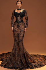 Vintage Brown Mermaid Crew Black Prom Dress Lace Beaded Sleeve Court Train Formal Dress