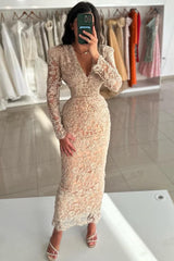 Vintage Champagne Prom Dress Column V Neck Sleeves Beading Lace Ankle Length Formal Dress