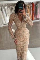 Vintage Champagne Prom Dress Column V Neck Sleeves Beading Lace Ankle Length Formal Dress