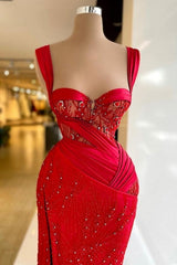 Vintage Column Satin Sweetheart Sleeveless Red Prom Dress Formal Dress With Split