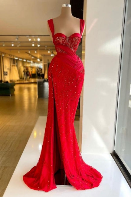 Vintage Column Satin Sweetheart Sleeveless Red Prom Dress Formal Dress With Split